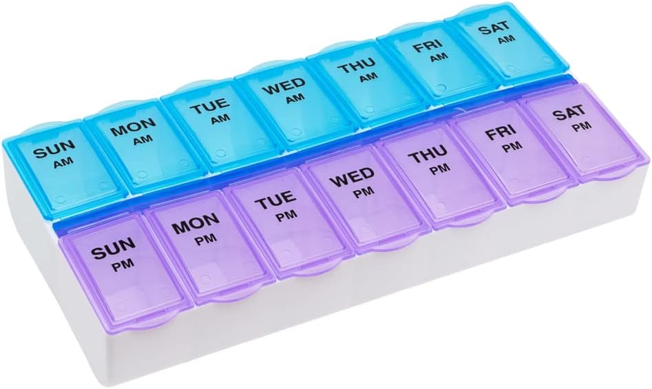 EZY DOSE Weekly (7-päevane) AM/PM Daily Pill Case, Medicine Planner, Vitamim, Fish Oil, Supplements Organizer Container, suured osad, 2 korda päevas, Blue ja Purple Lids, BPA Free