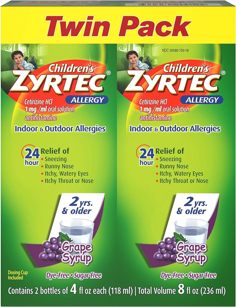 Zyrtec 24 Hr laste allergia siirup tsetirisiiniga, suhkruvaba viinamari, kaksikpakend 4 fl. oz