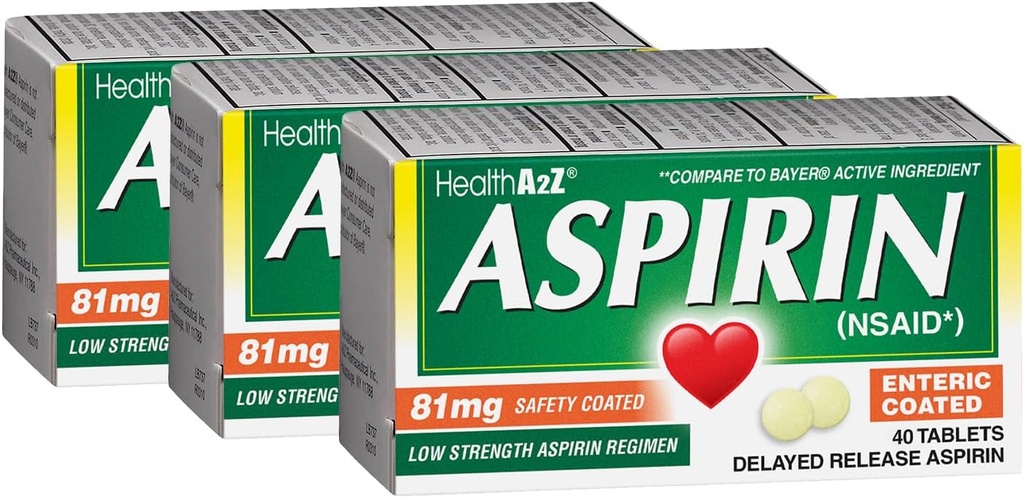 HealthA2Z® Aspiriin 81 mg | Madal tugevus | Soolestikuga kaetud | Valu leevendamine | Vähendab väiksemaid valusid Lihasvalu ja krampe | Palaviku vähendaja | Vähendab peavalu (40 loendust (3. pakk))