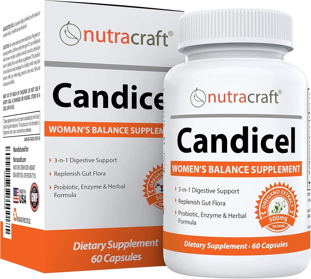 Nutracraft Candicel # 1 Soolefloora lisand | Kaprüülhape, Oregano, Ussipuu, Black Walnut & Probiootikumid ülekasvu toetamiseks | 60 kapslit (GMO-väline)