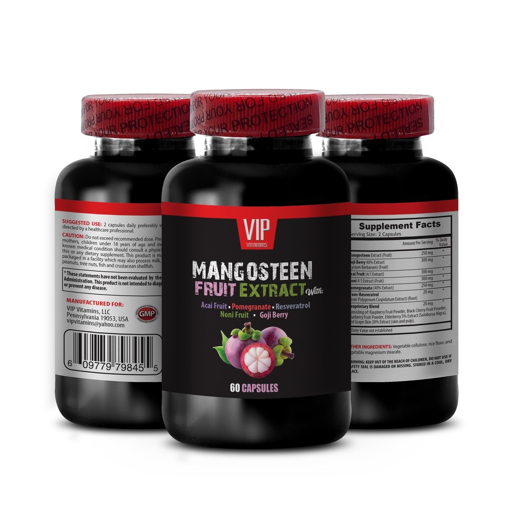 VIP VITAMINS Mangosteen , Mangosteen Extract - Mangosteen Fruit Extract - Acai Berry , Goji Berry , Pomegranate , Noni , Trans- Resveratrol , Elderberry Fruit , Viinamarjanahk - 1 pudel 60 kapslit