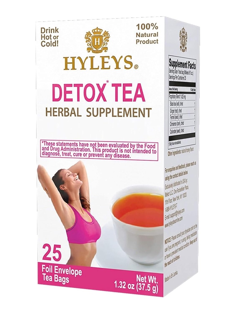 Hyleys Detox tee puhastamiseks - must tee ingveri, mee ja kaneeliga - 25 teekotid (1 pakend) - toetab seedimist, detoksi ja puhumist