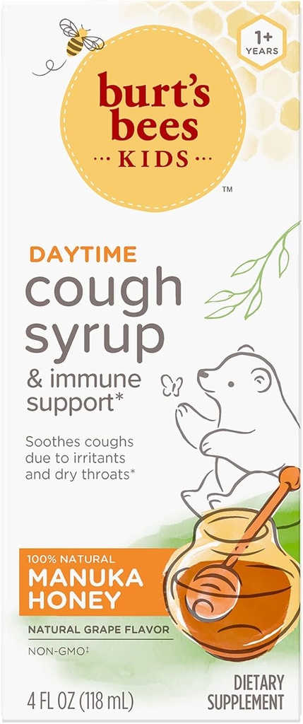 Burt's Bees Kids Daytime Cough Syrup ja immuunsüsteemi toetus, looduslik viinamarjamaitse, toidulisand, 4 Fl Oz