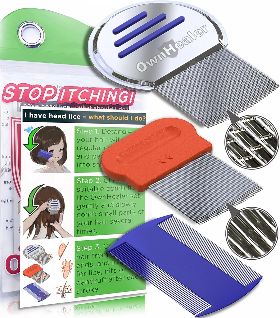 OWNHEALER Professional Lice Comb Kit - Lice, Nits ja Dandruff eemaldamine. Kiired tulemused Pea Lice ravi - sobib kõigile juuksetüüpidele. Peine para piojos y liendres.