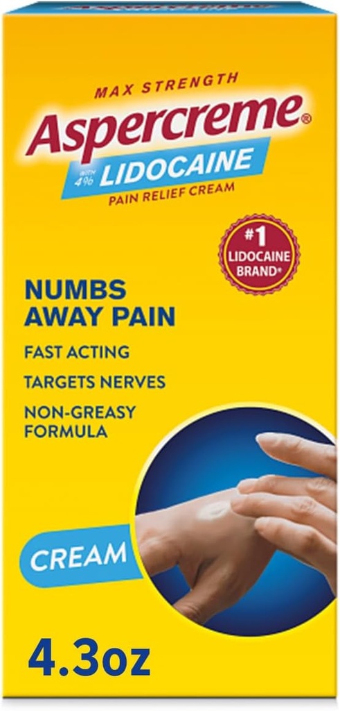 Aspercreme Lidocaine Pain Relief Cream Soothes Raskendatud Närvid, Numbing Topical Analgesic Max-Strength 4% Lidocaine & niisutav Aloe, 4,3 Oz.