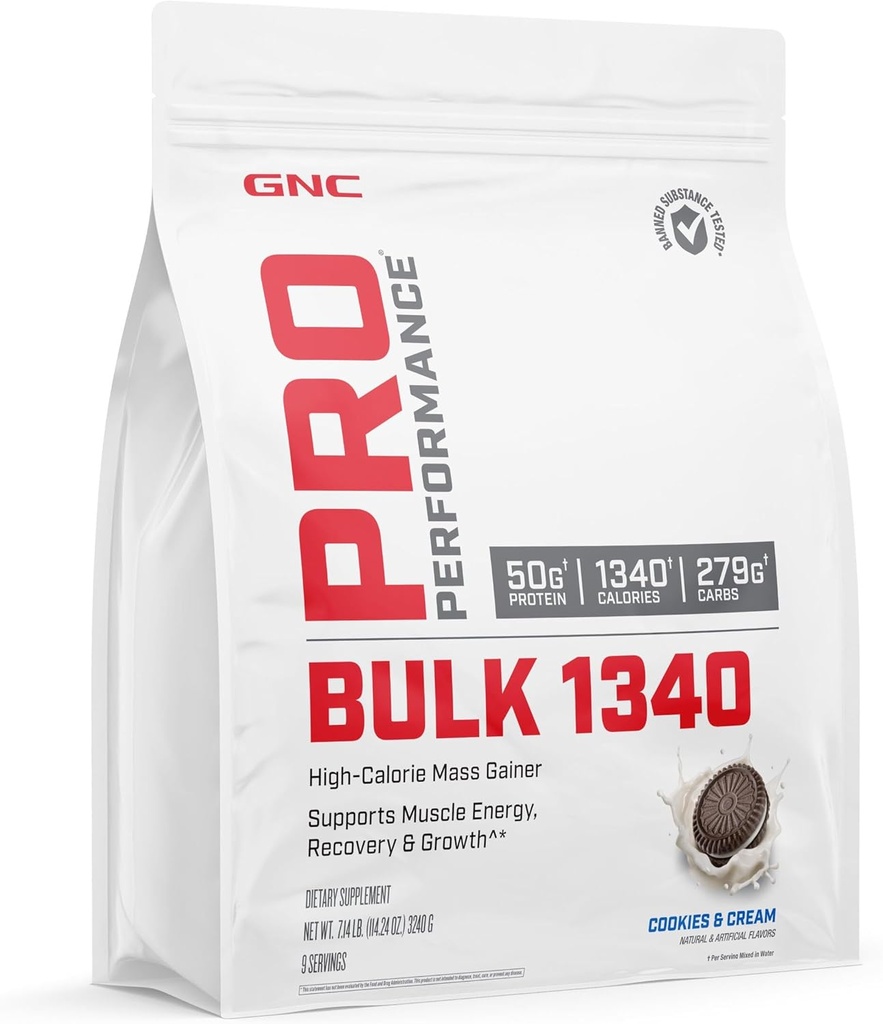 GNC Pro Performance Bulk 1340 Mass Gainer Valgupulber, 50 g, Gluteenivaba, vadak, kreatin, BCAA, 3. osapoole testitud, lihaste taastamine ja kasv, mikrotoitained, küpsised ja koor, 9 serveerimist