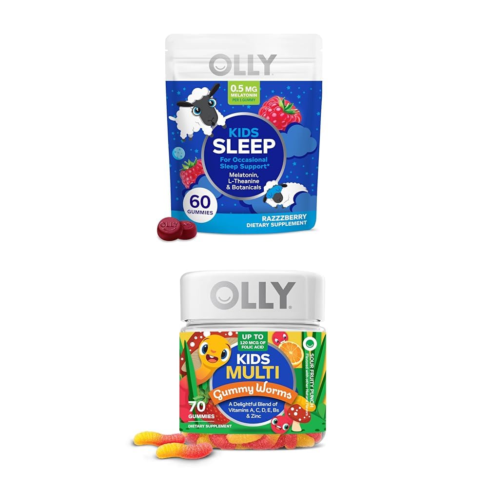 OLLY Kids Sleep Gummy, Melatoniin, L Theanine, Kummel, 60 Count ja Kids Multivitamiinid Kummiussid, vitamiinid A C D E Bs Tsink, 70 Count