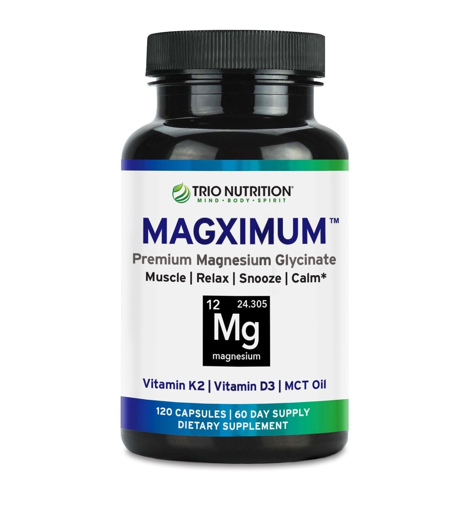 Trio Toitumine MagX Magneesiumglütsinaat, D3-vitamiin, K2-vitamiin ja MCT-õli | Kelaaditud magneesiumilisand | Rahulikkus, lõõgastumine ja taastumine | Ole hästi puhanud ja alusta oma päeva Magximumiga
