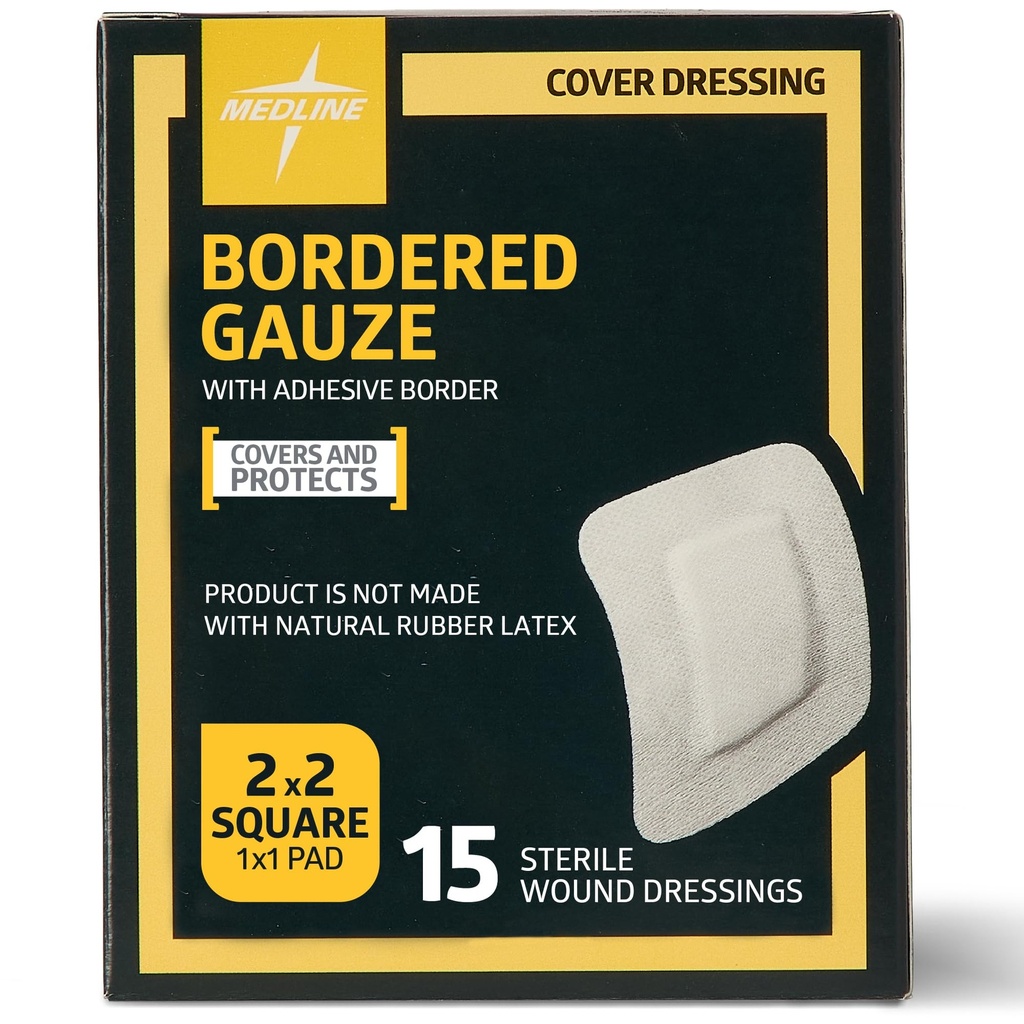 Medline Bordered Gauze, 2" x 2" Kleepuv Saar Haava Kleit, Steriilne, 15 Krahv