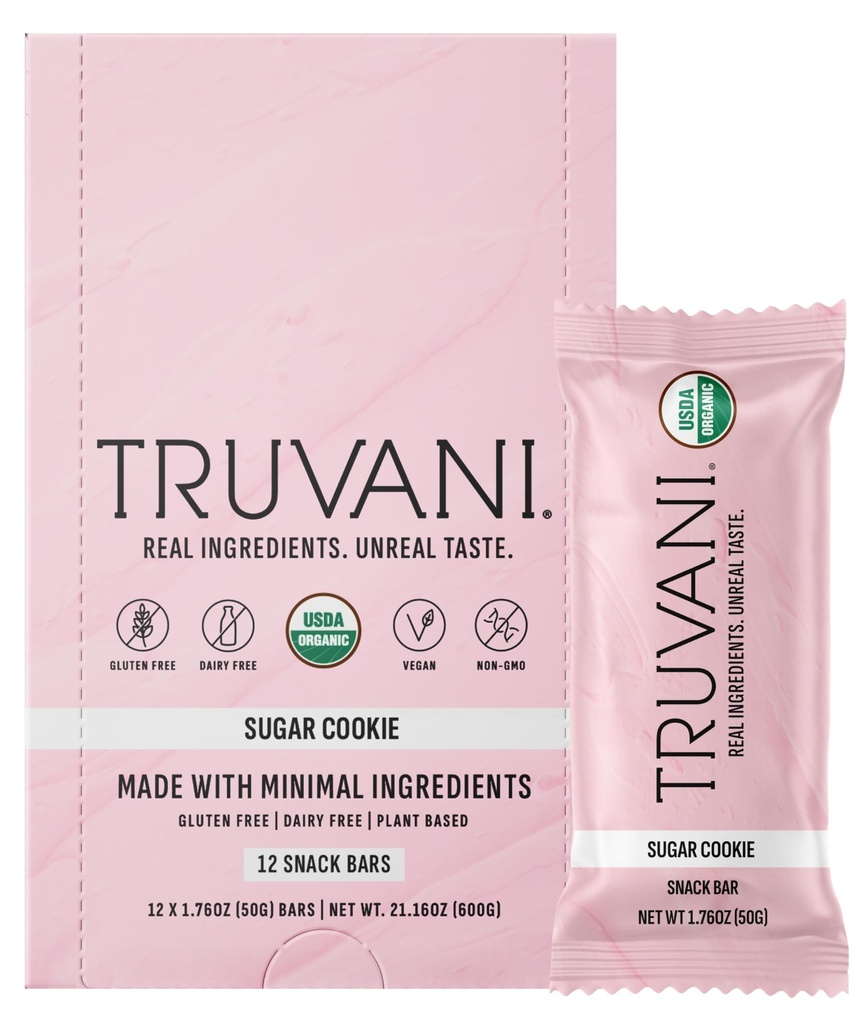 Truvani taimepõhised snack baarid | Sugar Cookie 12 Pack | 6 g valku | USDA orgaaniline ja vegan | Ainus baar | Piima-, soja- ja gluteenivaba | Individuaalselt pakitud