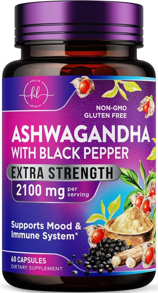 Ashwagandha 2,100 mg - Ashwagandha täiendused naistele Veggie kapslites pulbri ja juureekstraktiga, must pipar suure imendumise jaoks, taimepõhine, mitte-GMO, villitud USA-s - 60 Veggie kapslit