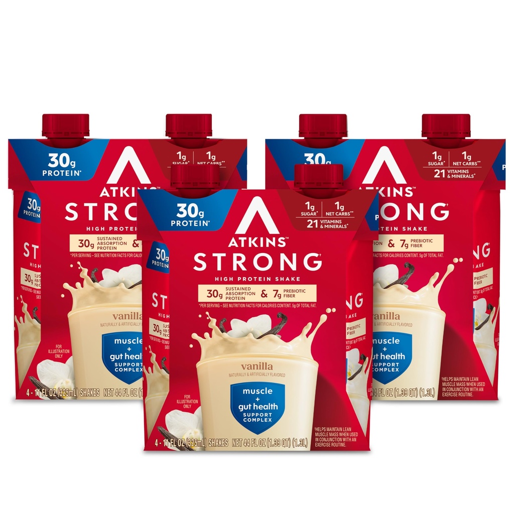 Atkins Strong High Protein Shake, Vanilla Maitsestatud, 30 g Valk, Madal Carb ja Madal Suhkru Shake, Keto Sõbralik, Gluteenivaba, Lihaste ja Soolestiku Tervise Tugikompleks, 12 Count