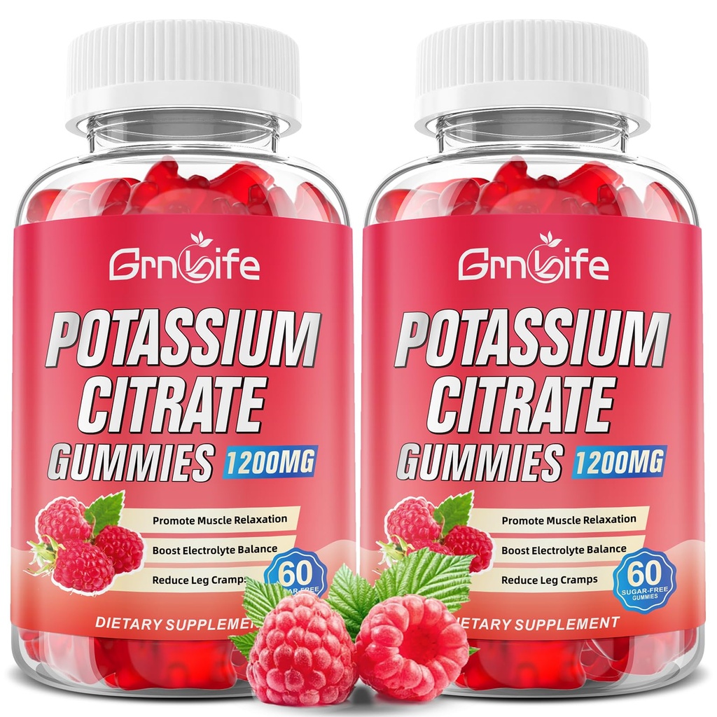 2 Pack Kaalium tsitraat Gummies, kõrge kaaliumilisandiga Gummies 1200mg tugijala krambid ja lihaste tervis, Kaalium Gummies täiskasvanutele ja lastele, Vegan, Vaarika Maitse 120 Count