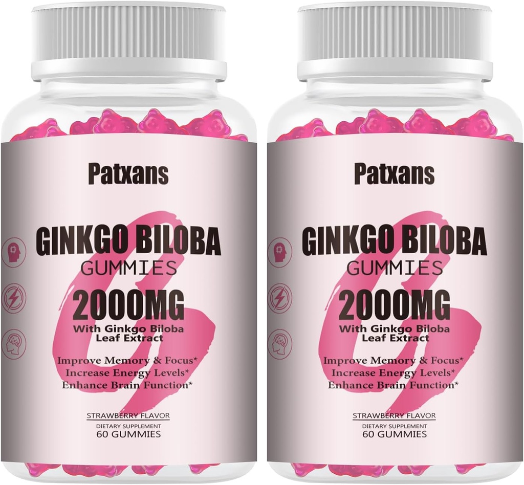 2 pakendit 2000mg Ginkgo Biloba Gummies - Ginkgo Biloba lisandid aju tervise toetamiseks, meeleolu ja fookuse parandamiseks, energia, täiskasvanu, maasikamaitse, 120 krahv
