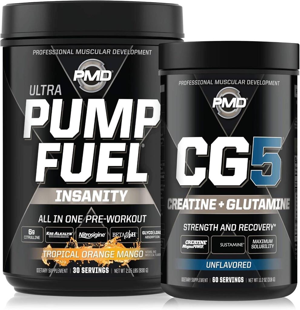 PMD Sports Ultra Pump Fuel Insanity - Pre Workout - Tropical Orange Mango (30 Servings) Sport CG5 Premium Kreatiin ja L-Glutamiini Pulber (60 Servings)