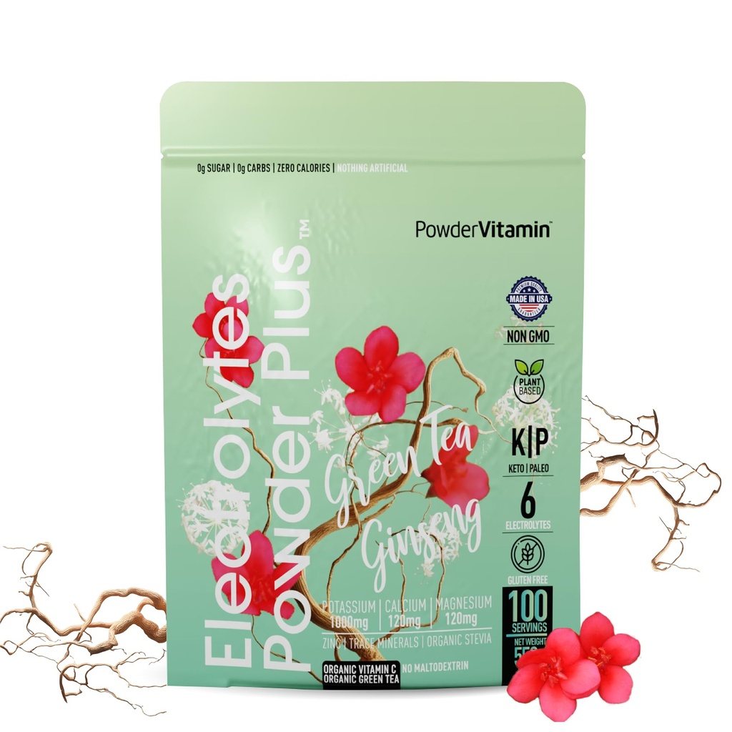 PowderVitamin Electrolytes Powder Plus (100 Servings) Roheline tee ženšenni elektrolüüt pulber Keto, suhkruvaba, roosa Himaalaja sool, 1000mg kaalium, 150mg Kaltsium, 150mg Magneesium, hüdraatpulber