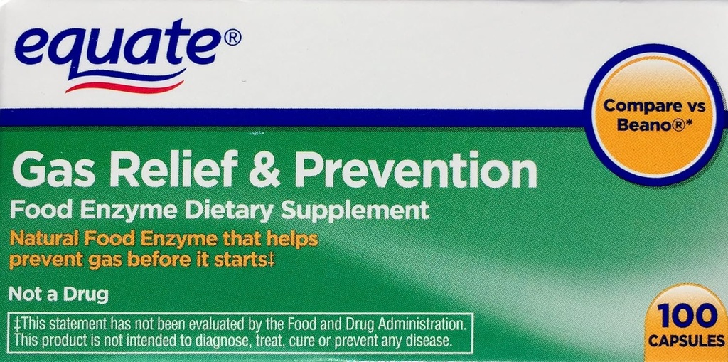 Equa Gas Relief & Prevention Food Enzyme Dietary Supplement, 100ct, võrreldes Beano
