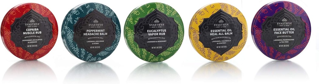 SVASTHYA BODY & MIND Eeterlikud õlipalsamid Multi Pack Gift komplekt - Sisaldab Lihasvalu, Peavalu Palsam, Auru Rub, Tervendada Kõik Palsam ja Näo Või - Valmistatud USAs, 1 ea - 5 Pack