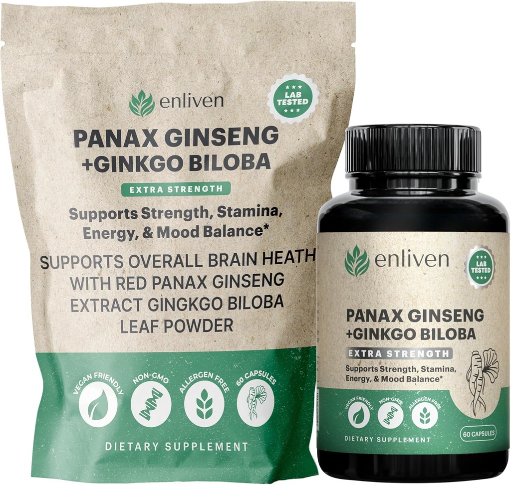 Panax Ginseng & Ginkgo Biloba Täiendus energia, fookuse ja aju tervise jaoks | Korea punase ženšenni kapslid mälu, stressi leevendamiseks ja ringluseks | Natural Cognitive Support | 60 Count | Valmistatud USA-s