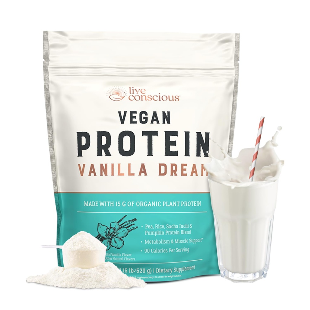 Live Conscious Vegan Peavalgupulber - Vanilla Dream Maitse | Taimepõhine Veganvalgusegu - Hernes, Brown Rice, Pumpkin, Sacha Inchi | 20 Servings 18 oz