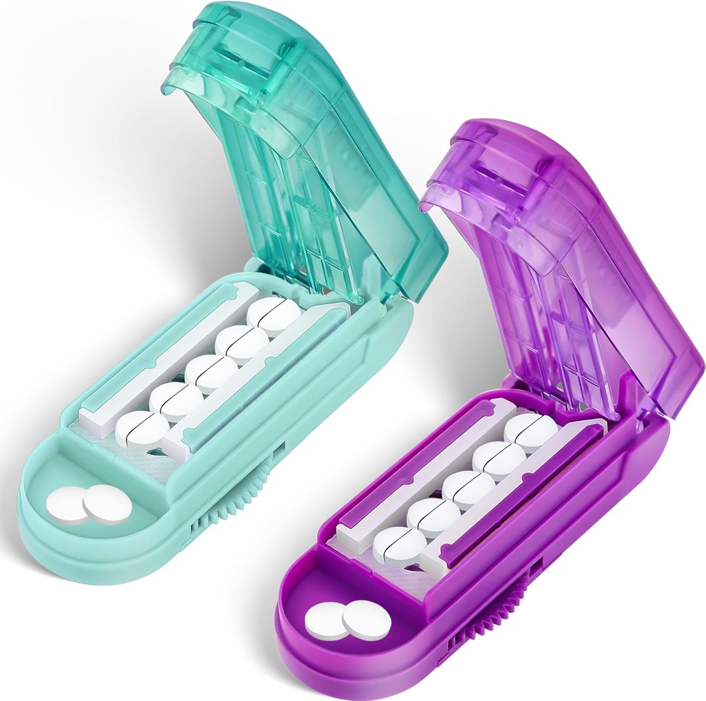 DUBSTAR 2PCS Pill Cutter Splitter väikestele ja väikestele pillidele, mitme pilli lõikurid väikestele või suurtele pillidele, reguleeritav pillide hajutamine keskseadme ja plaatide kaitsega (Purple + Cyan)