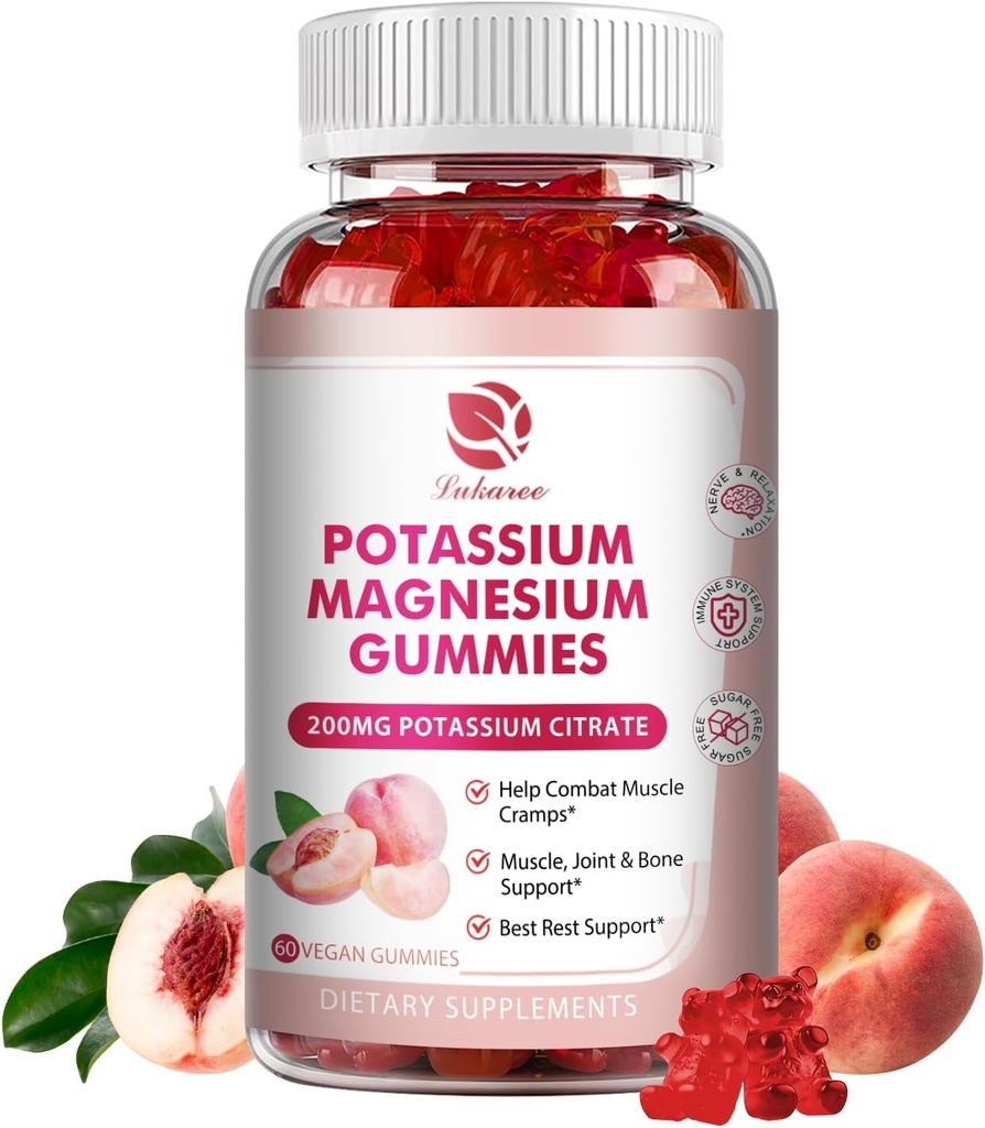 Kaaliummagneesiumkummid - kõrge imendumine Magneesiumglütsinaat & kaaliumtsitraat 200mg Plus Omega 3, B6, D3, K2 & Kaltsium - närimiskumm immuunsuse ja energia - virsiku maitse - 60 krahv