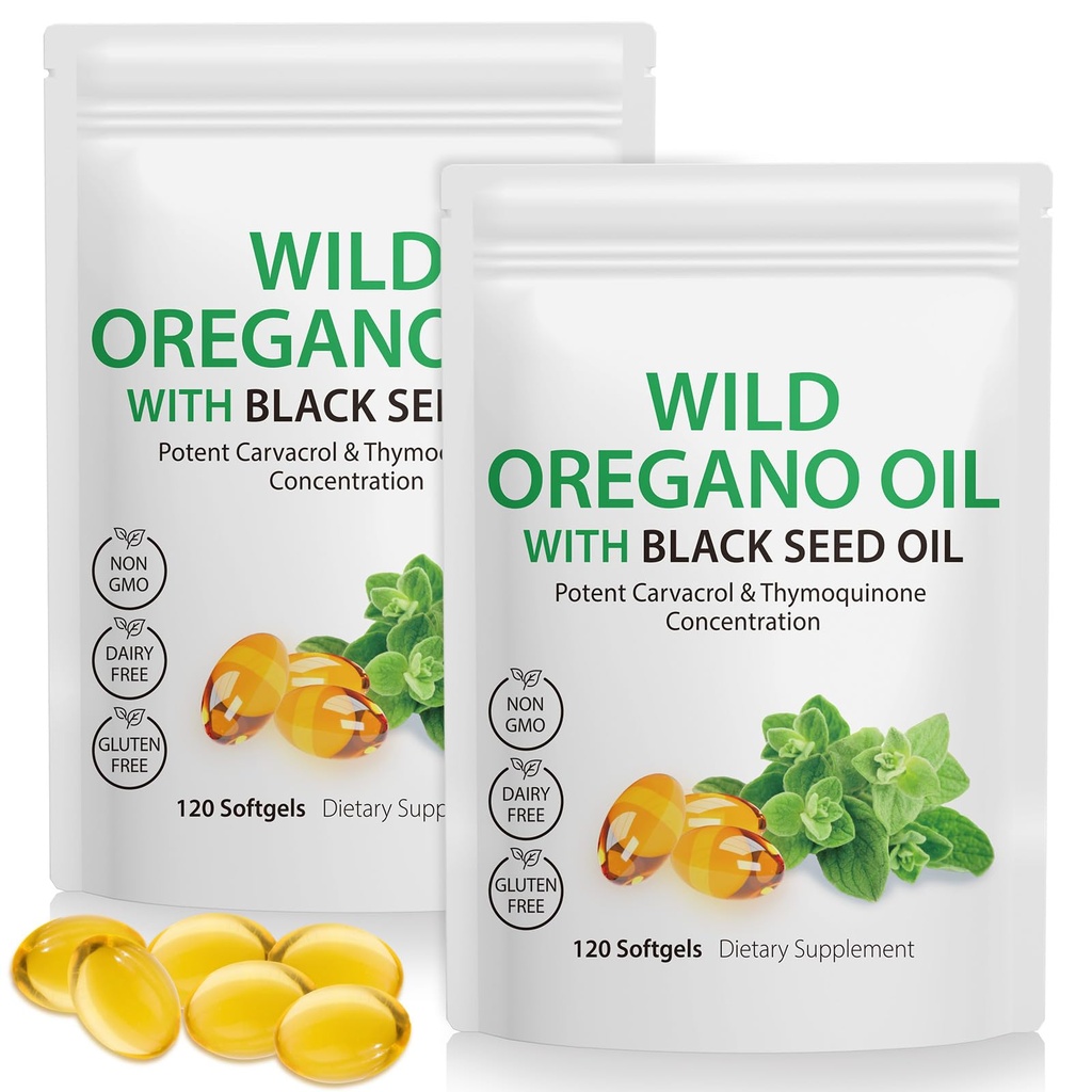 Õli Oregano Softgels 6000mg Per Serving 240 Count | 2 in 1 Formuleeritud Black Seeme Oil 200mg, 4X Tugevuskarvakrool ja tümokinoon | Taimne, mitte-GMO & Immune Support