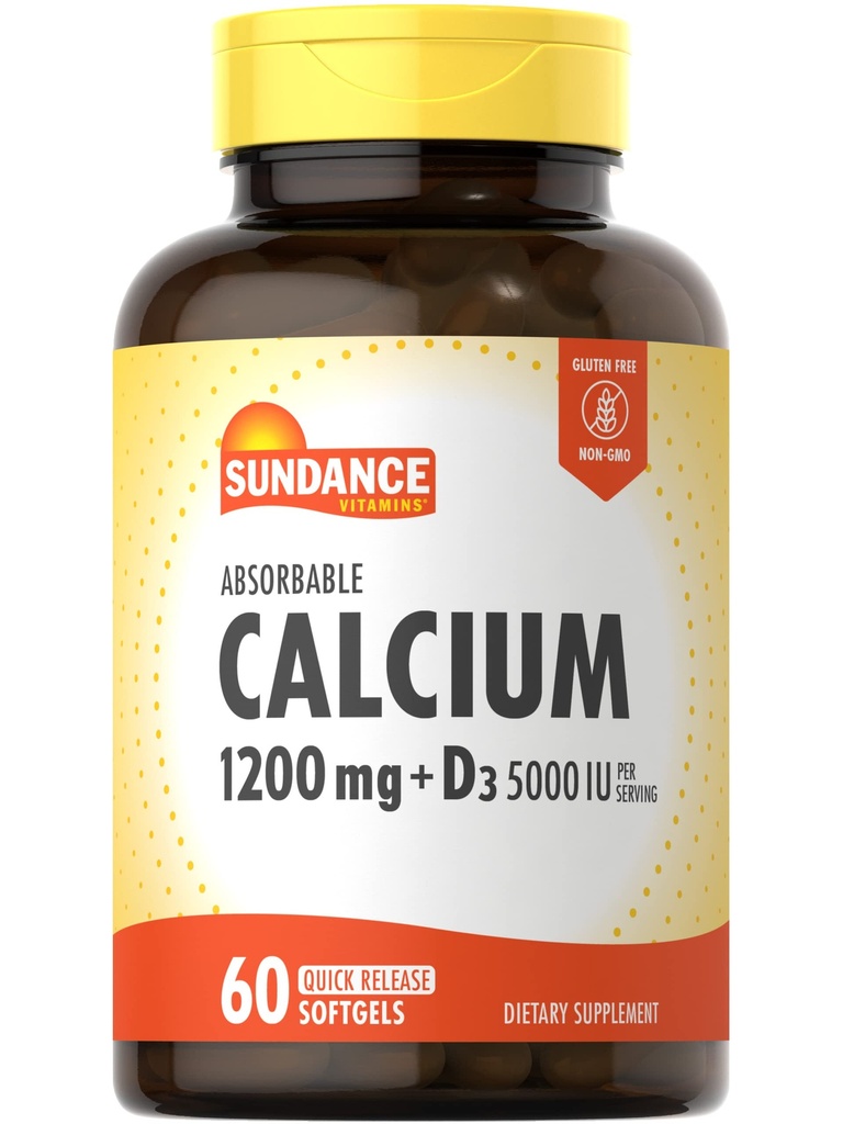 Sundance Calcium 1200 mg koos vitamiin D3 5000 RÜ | 60 imenduvad softgels | Mitte-GMO & Gluteenivaba toidulisand