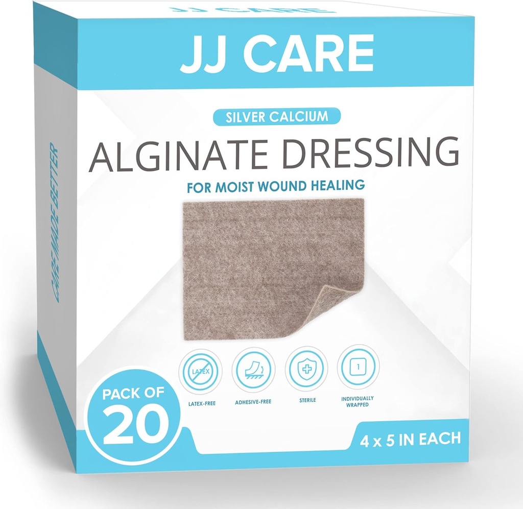 JJ CARE Hõbekaltsium Alginaat Haava Kleitmine (Pack of 20) 4x5, Hõbealginaat Haava Kleitmine Individuaalselt Pakendatud, Väga Absorbent Mittekleepuvad Haavahoolduse Kleit