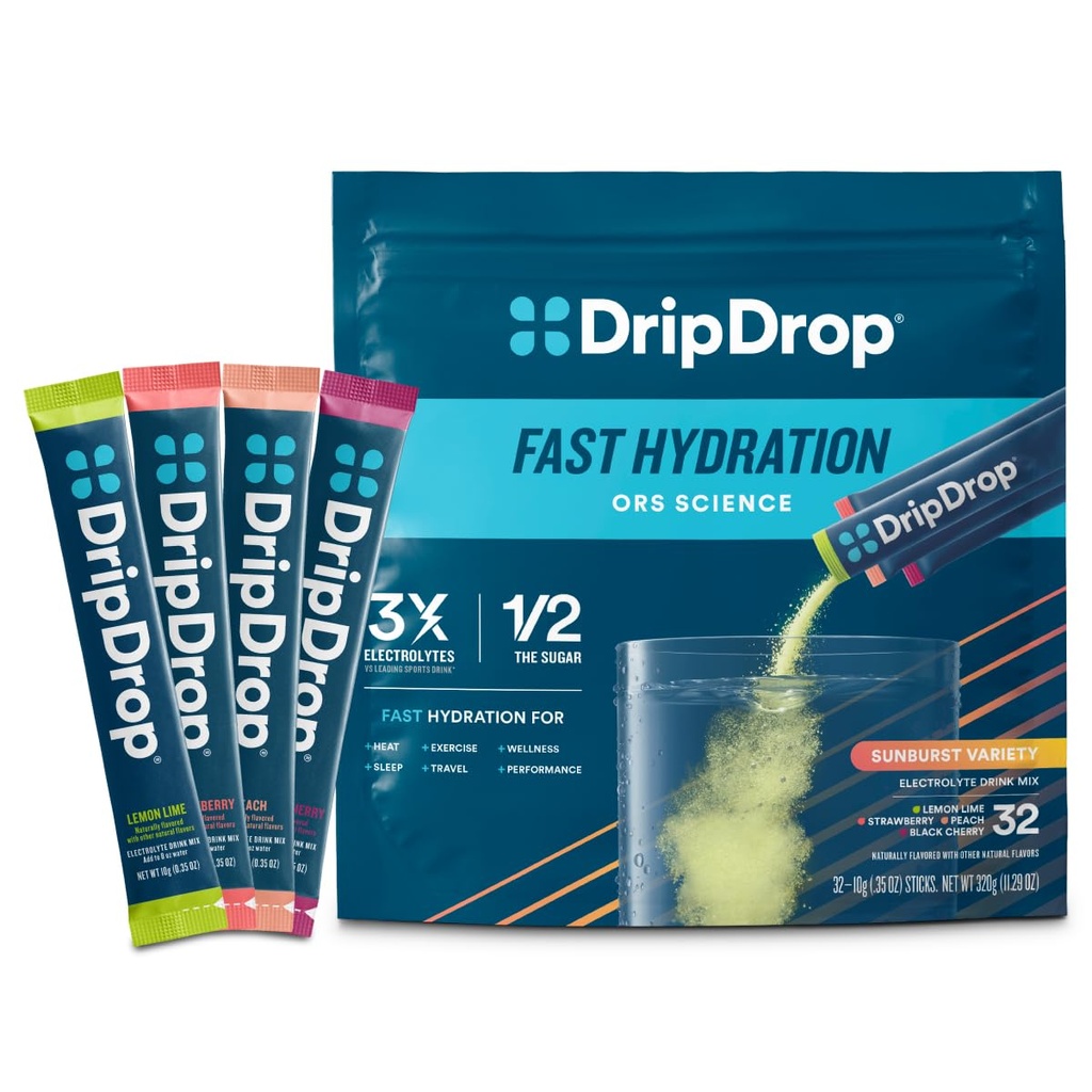 DripDrop hüdratsioonipaketid - Sunburst Variety Pack - Single Serve Electrolytes Powder Drink Mix - Sidrunlubja, maasikas, virsik, Black Cherry - Non-GMO, Gluteenivaba, Vegan - 32 Sticks