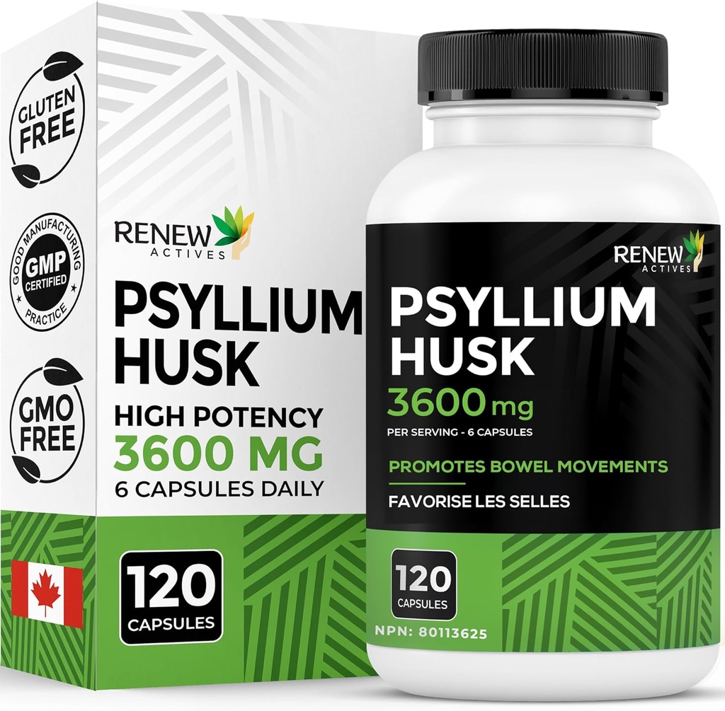 Uuendage toimeaineid Psyllium Husk 1200MG 2 kapsli kohta - puistevormi lahtistav ja lahustuv kiud seedetrakti tervise, korrapärasuse ja täiskasvanute heaolu jaoks - puhtad koostisosad - valmistatud Kanadas - 120 kapslit