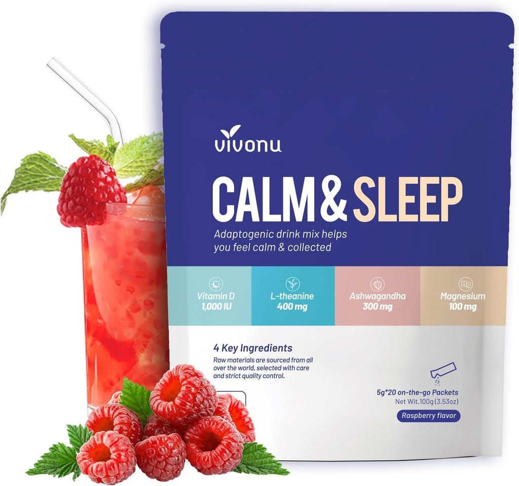 VivoNu Calm & Sleep Puldered Drink Mix Vaarika L Theanine Ksm-66 Ashwagandha Magneesium Glütsinaat Vitamiin D 3 Toidulisandid Lõõgastav ja fookus (VSC M2)