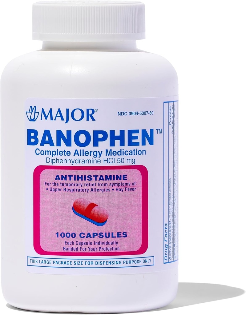 MAJOR Banophen Difenhüdramiin HCI 50 mg kapslid - ajutine leevendus heinapalaviku ja ülemiste hingamisteede allergiate sümptomitest - antihistamiin - allergiameditsiin - 1000 kapslit (1- pakk)
