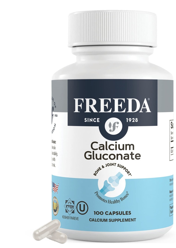 Freeda Kaltsium Glükonaat - Kosher Vegan Kaltsium Lisand - Lihtne seedida & Imenduda - Toetab Luu tugevust - Puhas Kaltsium Ilma D-vitamiini - (100 kapslit)