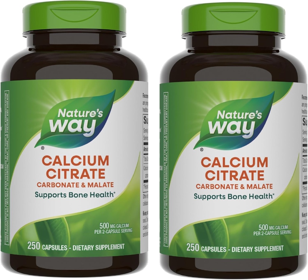 Nature's Way Kaltsiumtsitraat, 500 mg kaltsiumi 2-kapsli serveerimiseks, luude tervise ja lihasfunktsiooni jaoks *, tsitraadi, karbonaadi ja malaadi segu, gluteenivaba, 250 kapslit (pakendamine võib varieeruda) - 2 pakendit
