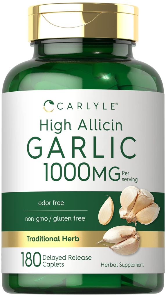 Carlyle küüslaugu täiendus 1000mg | 180 Caplets | Lõhnatud pillid | Kõrge Allitsiini ekstrakt | Taimetoitlane, mitte-GMO & Gluteenivaba