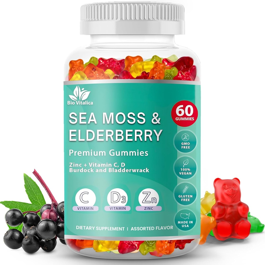 BIO VITALICA Sea Moss Gummies Elderberry BioVitalica - Vitamiin C D + tsink - Iiri Seamoss Vegan Gummy koos Sea Moss Gel & pulber immuunsuse, Detox - täiskasvanutele ja lastele