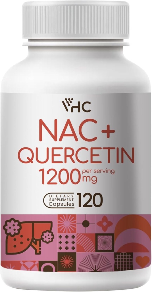 VHC NAC täiendus, atsetüül L-karnitiin1200mg Plus Quercetin, optimaalne annus (1200mg + 100mg), 2 in 1 kahetoimeline valem N-atsetüül-L-tsüsteiin kvertsetiiniga, hingamisteede, maksa, immuunsuse, valmistatud USA-s