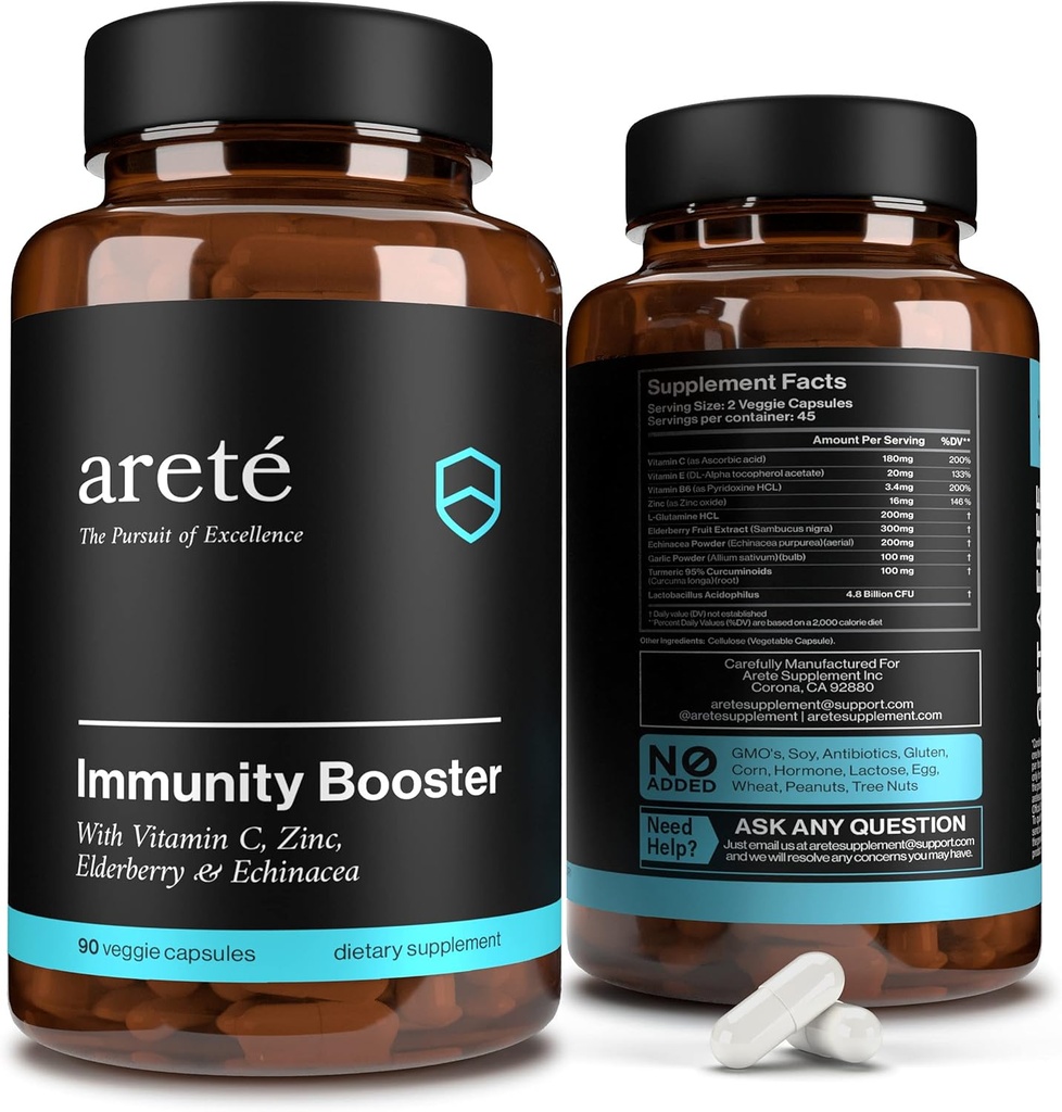 Premium Immunity Booster Supplement - 10 in 1 Natural Respiratory & Immune System Booster, 90 kapslit, C-vitamiin, tsink, leedrimarja, kurkumiin, küüslauk, probiootiline immuunsus Boost Vitamiinid