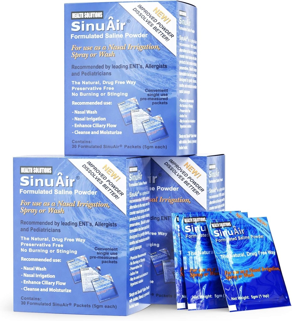 SinuAiri soolalahuse pakendid sinus loputamiseks - eelsegatud soolalahuse pulber sinuPulse Elite süsteemi jaoks, Neti pott, ninapesu pudel & nina niisutamine, 90 paketti