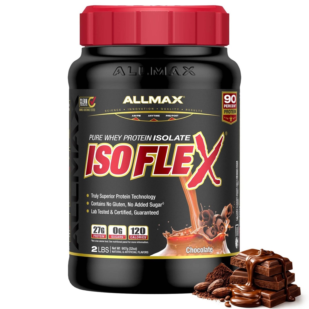 ALLMAX ISOFLEX vadakuvalgu isolaat, šokolaad - 2 naela - 27 grammi valku Scoopi kohta - nullrasva ja suhkrut - 99% laktoosivaba - gluteenivaba ja sojavaba - ligikaudu 30 serveerimist