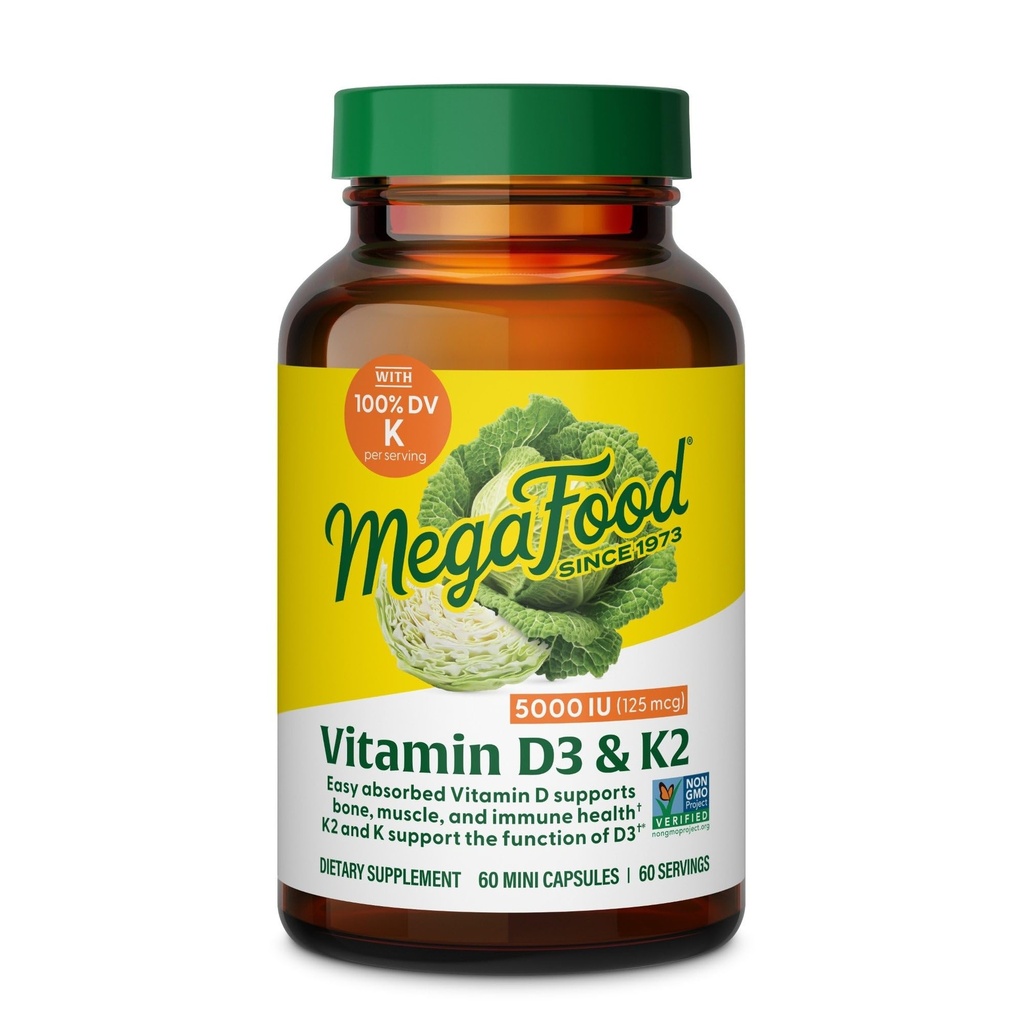 MegaFood Vitamiin D3 5000 RÜ (125 mcg) - Taimetoitlased toidulisandid vitamiin D3 K2 - toetab luud, hambad, lihased ja immuuntervise - sertifitseeritud Non-GMO - 60 Mini kapslit, 60 Servings