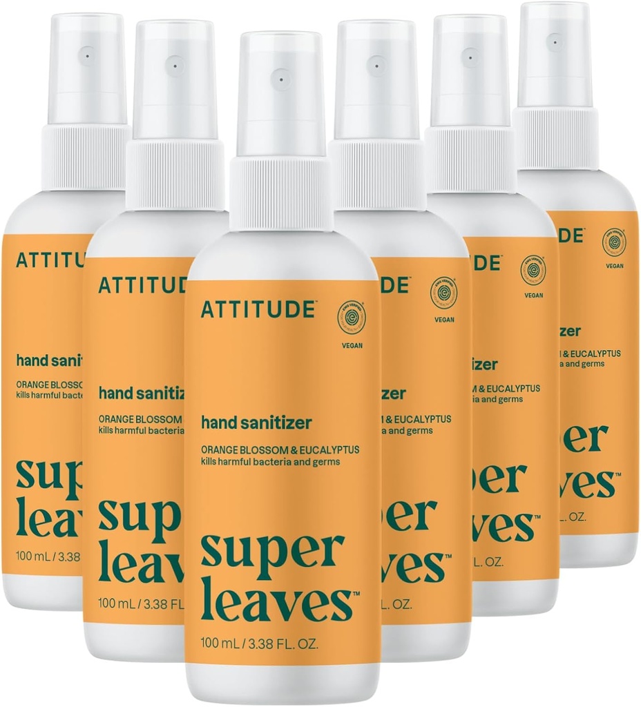 ATTITUDE Hand Sanitizer Spray, EWG Verified, Kills Germs & Bakterid, Vegan & Plant-Based, Ohutu täiskasvanutele ja lastele, Orange Blossom & Eucalyptus Lõhn, 3,38 Fl Oz (Pack of 6) (Priy Bottle)