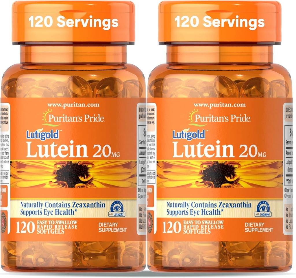 Puritan's Pride Premium Lutigold Lutein Carotenoid 20mg koos Zeaxanthin meestele ja naistele, toidulisand silmade tervise toetamiseks, 8 kuu pakkumine, 120 kergesti neelatavad pehmed softgelid, 2 Pack