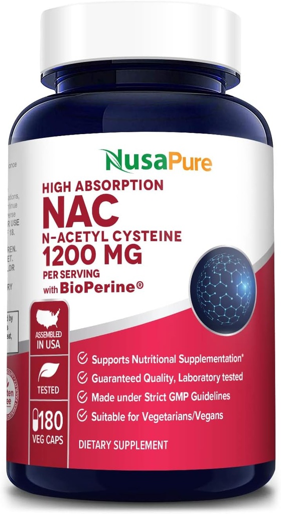 NusaPure N-atsetüültsüsteiin (NAC) 1200mg 180 Veggie kapslid (taimne, mitte-GMO, Gluteenivaba) Bioperiin