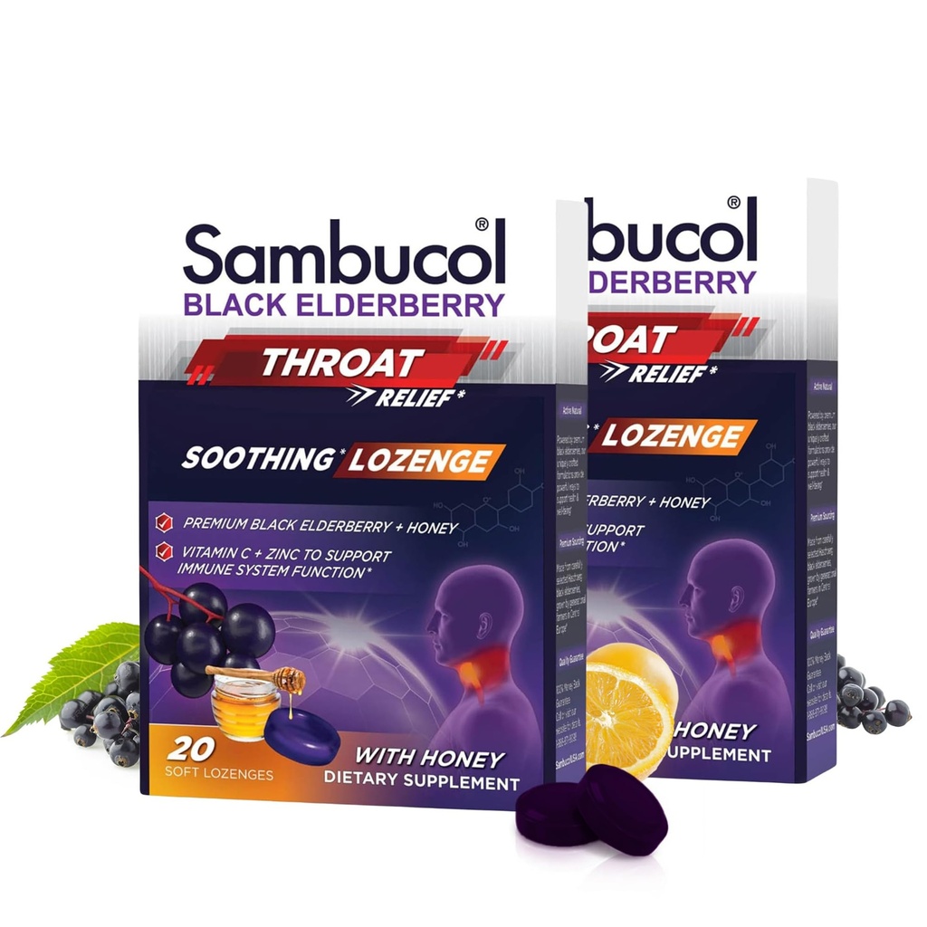 Sambucol Black Elderberry Throat Lozenge - koos meega, C-vitamiin ja tsink, Elderberry Lozenges Sore Throat & Cough, Soothes Scratchy Throat, Pehme & Chewy - 2 Pack (40 kokku Pastilles)