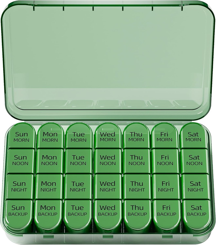 Odaro Weekly Pill Organizer 4 korda päevas, Daily Pill Box 7 päeva, suur reisipillide juhtum 28 ravimi, vitamiini ja toidulisandi hoidmiseks - täielik oliiv