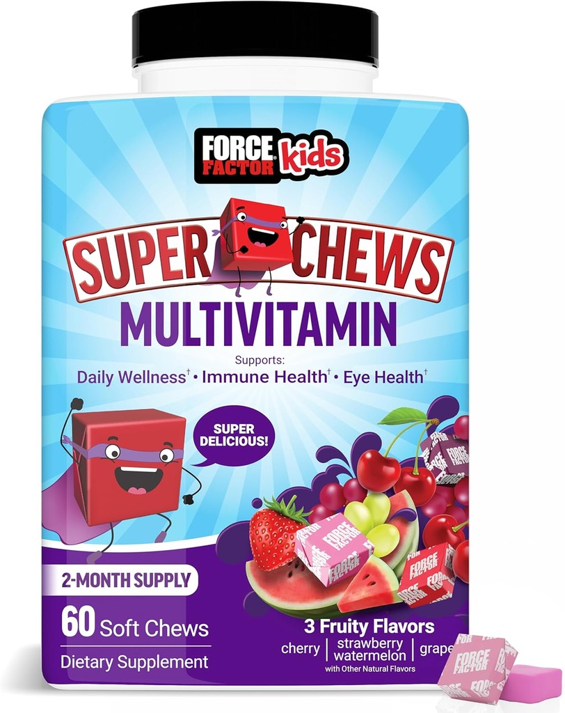 Jõufaktor Lapsed Multivitamiinid Super närimiskummid, Laste vitamiinid, et toetada heaolu, immuunsüsteemi tervist, silmade tervist ja rohkem 18 vitamiini, mineraalide ja antioksüdantidega, 2-kuuline pakkumine, mitme maitsega, 60 pehmet närimist