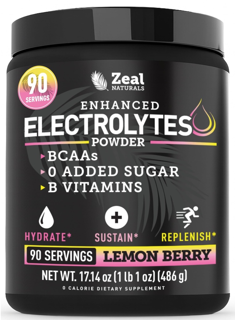 Zeal Electrolyte Powder - 90 Servings | Keto Elektrolüüdid Pulber | Nullsuhkur, BCAA-d, B-vitamiinid | Kaalium, tsink, magneesium | Hüdratsioonipulber Taastamisjook | Sidrunmarja