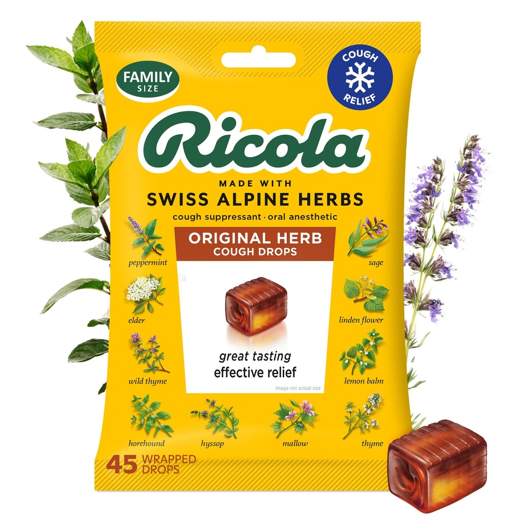 Ricola Original Herb Cough tilgad, 45 Count, Cough Suppressant & Throat leevendavad tilgad looduslikult saadud mentooliga, Pleasing Taimne maitse köha ja kurgu ärrituse sümptomite leevendamiseks